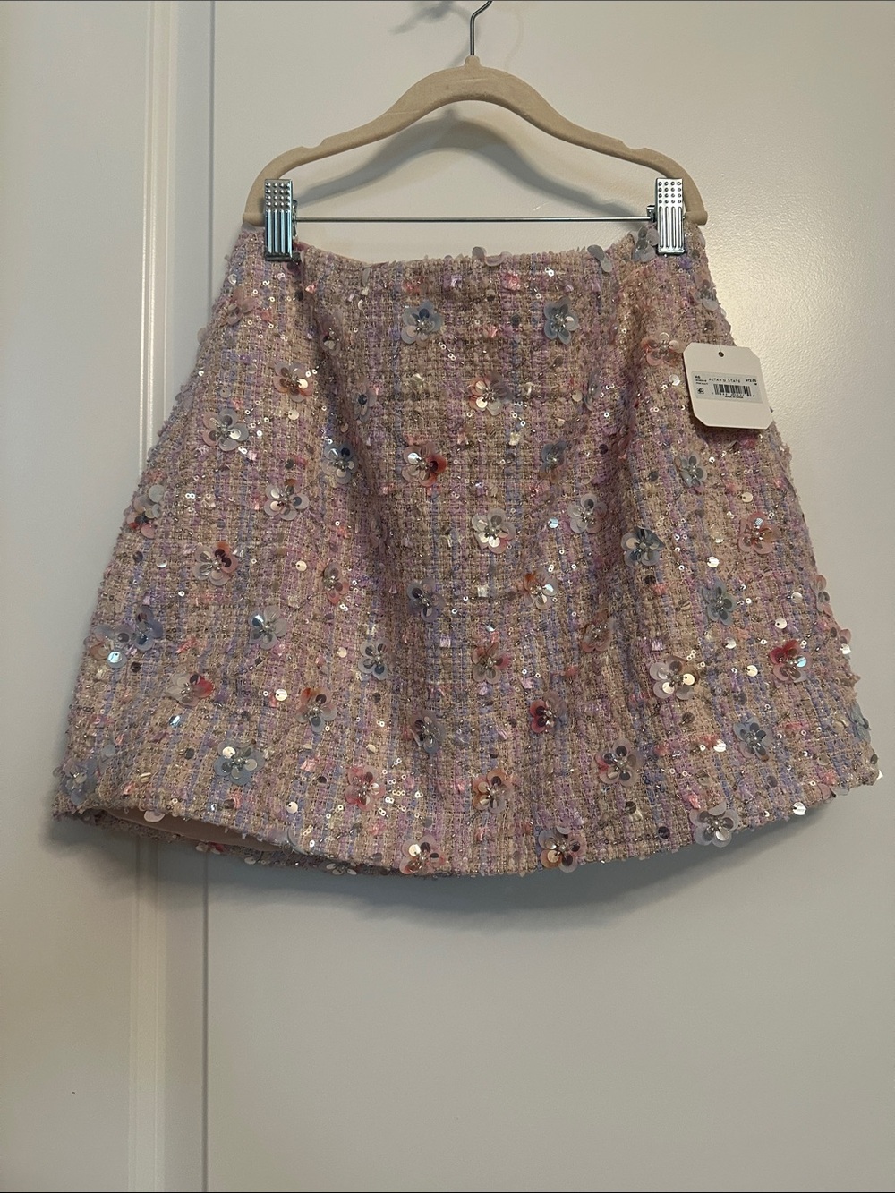 Altar'd State Pink Sequin Tweed A-Line Mini Skirt